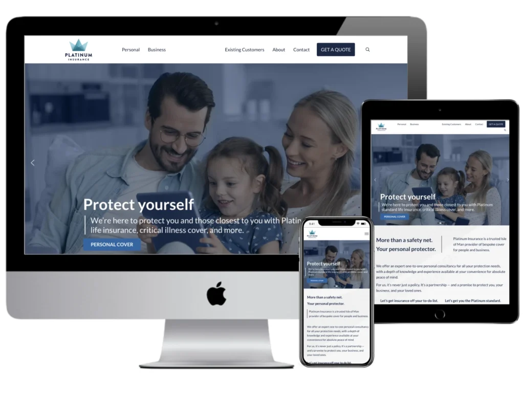 Mockup of how the Platinum Insurance website looks on iMac, iPad and iPhone.