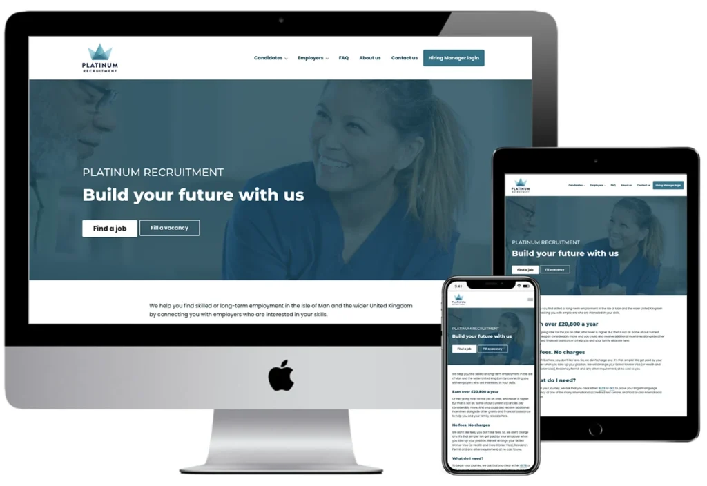 Screenshot of how the Platinum Recruitment website looks on iMac, iPad and iPhone.