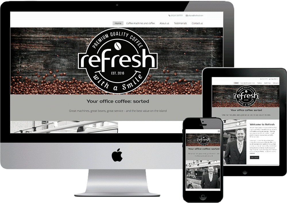 Mockup showing how the Refresh website looks on an iMac, iPad and iPhone.