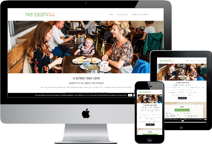 Screenshot of how The Eatery's website looks on iMac, iPad and iPhone.