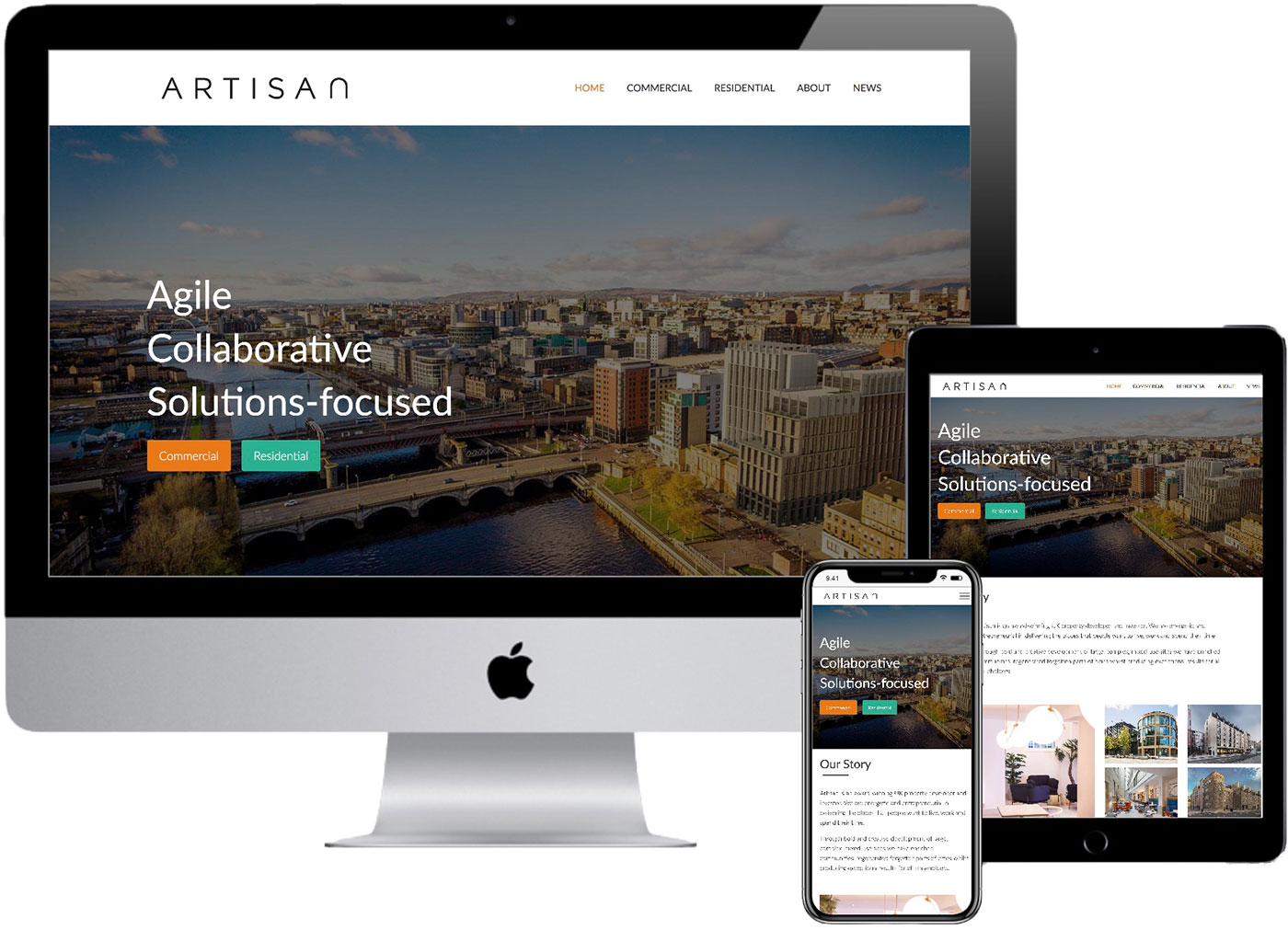Mockup of how Artisan's website looks on iMac, iPad and iPhone.