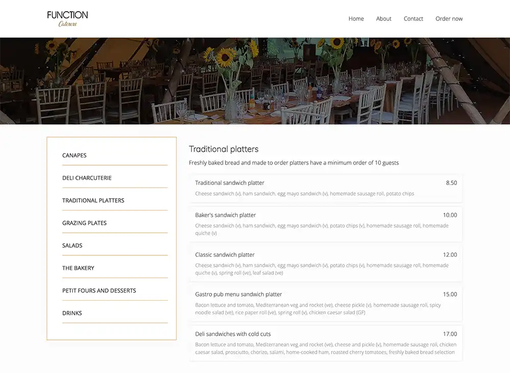 Screenshot of the food ordering system of Function Caterers website.