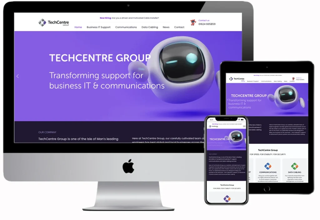 Mockup of how the Techcentres' website looks on iMac, iPad and iPhone.