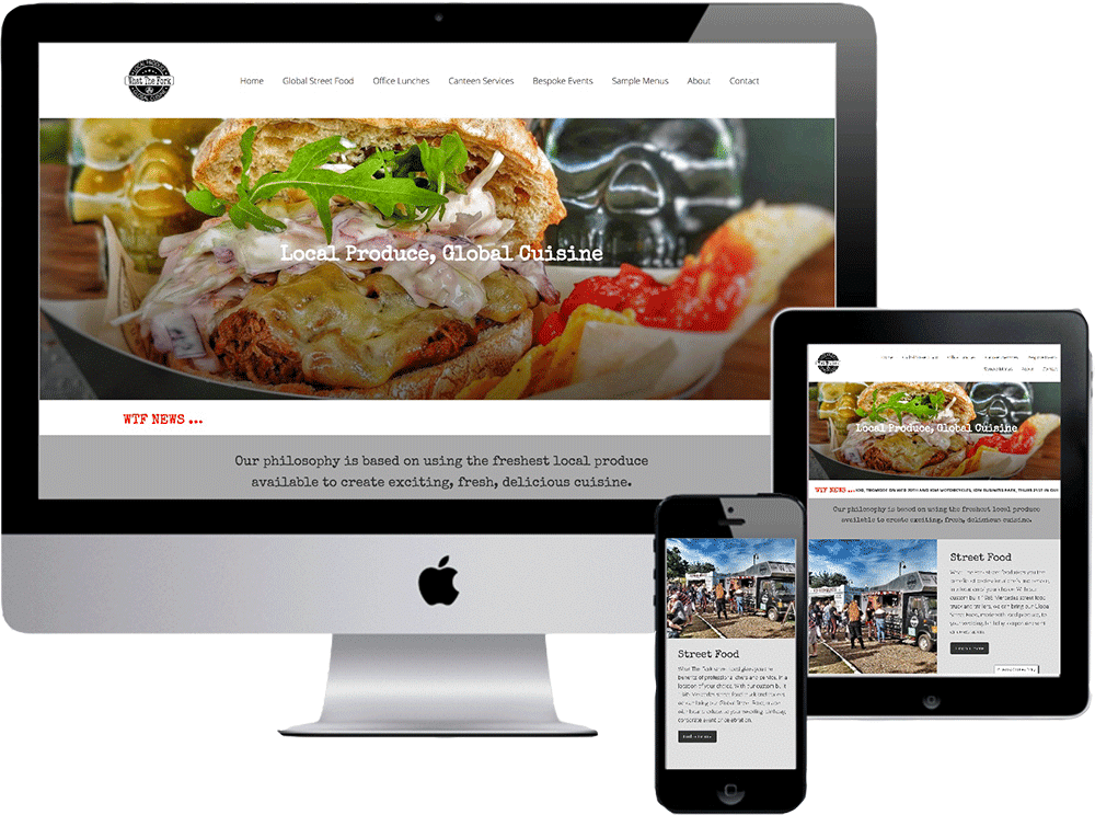 Mockup of how the What The Fork's website looks on iMac, iPad and iPhone.