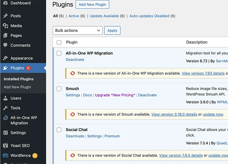 Plugin page of a WordPress website showing plugins that need updating.