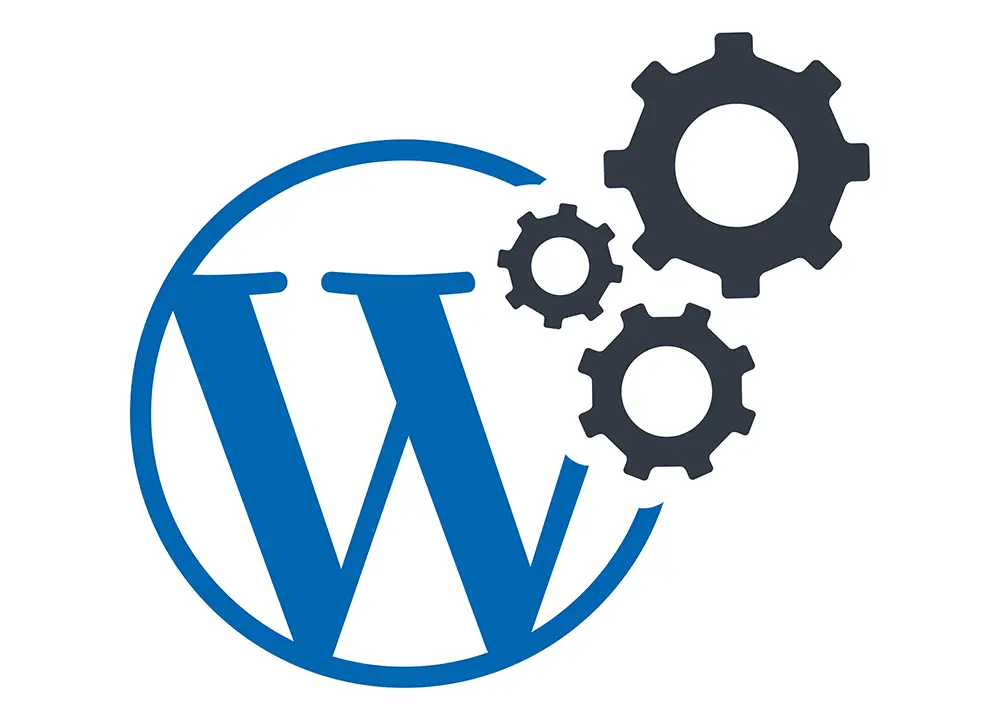 WordPress logo and cogs.